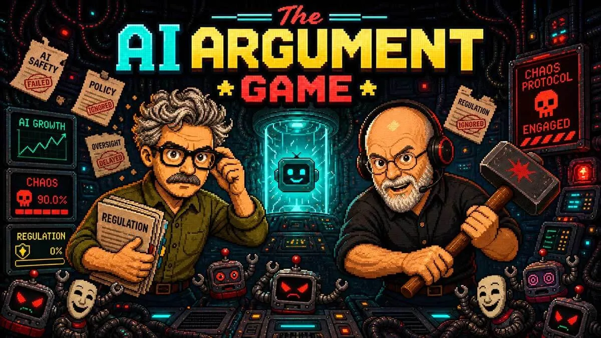 The AI Argument Game artwork, with Frank holding regulation documents and Justin wielding a hammer beside an AI containment chamber.