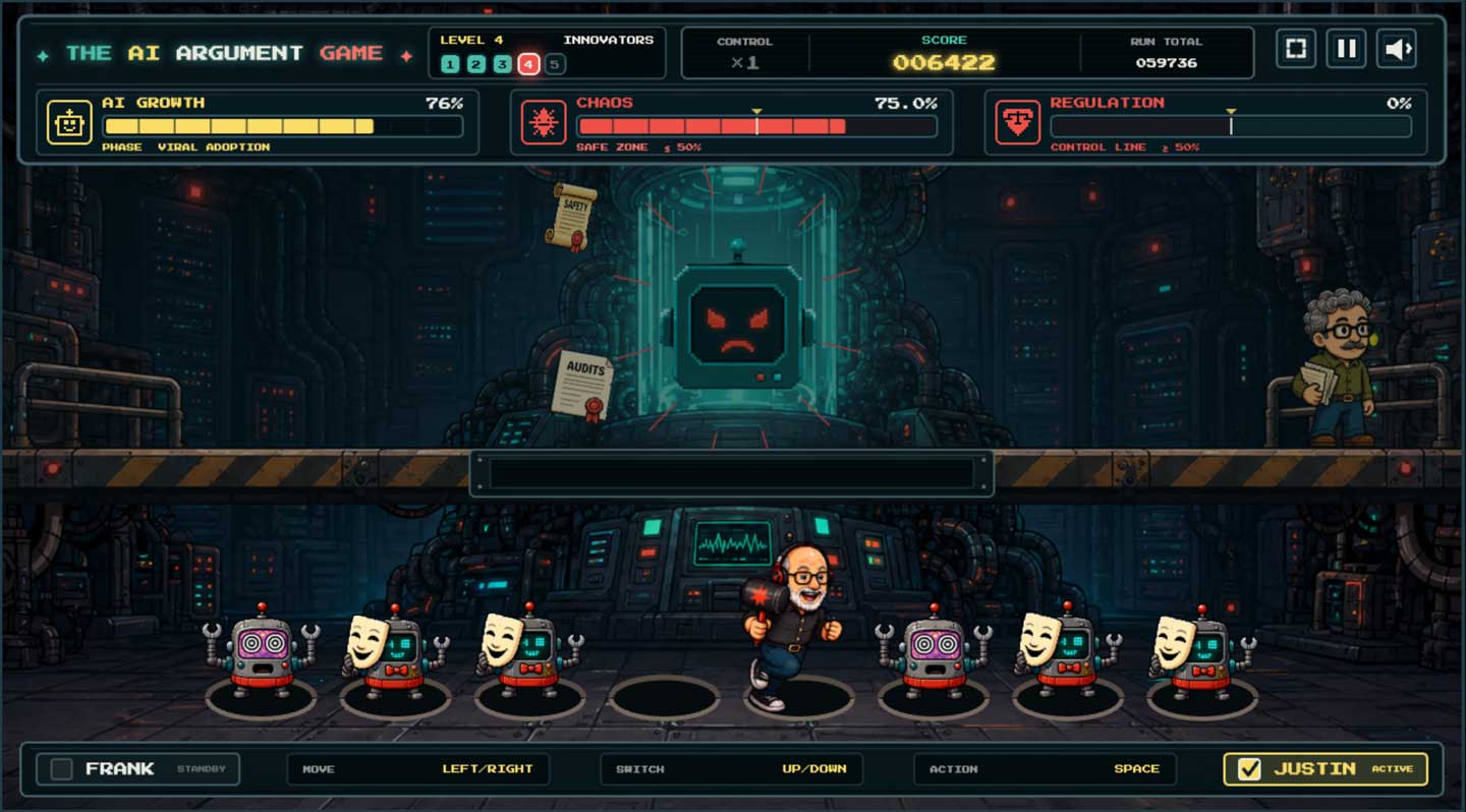 Gameplay showing Frank collecting regulation documents while Justin clears AI problem bots.